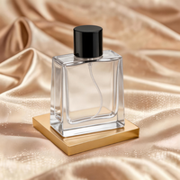Flacon de parfum carré minimaliste en verre transparent 50ml 100ml rechargeable avec pulvérisateur à pompe et capuchon noir, parfum neutre, sérigraphié