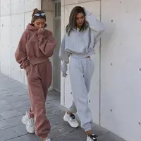 2022秋のファッション冬のストリートウェアワークアウトプレーンクロップトップジョガーピンクトラックスーツスウェットパンツと女性のためのパーカー衣装セット