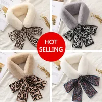 Warm Winter Hot Design Leopard Print Women Faux Rabbit Fur ScarfとSilk Ribbon