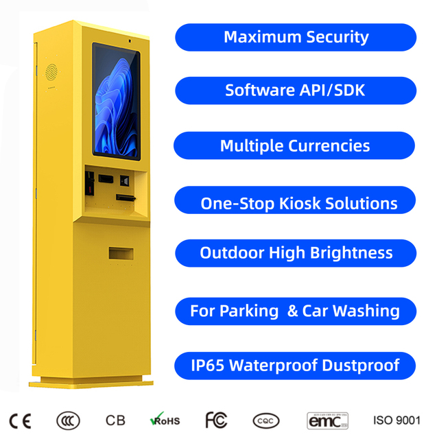 Smart Outdoor Self Service Car Wash Parking Ticket Payment Machine Touch Screen Cash Coin Recycler Credit Card Payment Kiosk SDK
