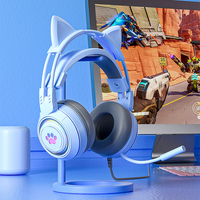 Headphone berkabel RGB lampu latar, headphone telinga kucing lucu dengan mikrofon berkabel untuk anak dan anak perempuan