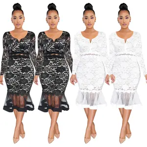 New women's sexy European and American small V-neck long sleeve lace fishtail skirt skirt hem see-through dress