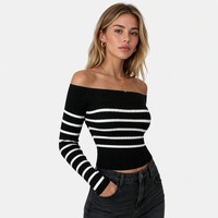 Haut en tricot pour femme avec logo personnalisé, manches longues, épaules dénudées, rayé, mode hiver, mélange viscose et polyester, usine OEM & ODM