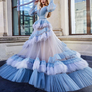 Blue and White Dress - Elegant Evening Gown with Beading