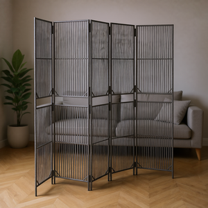 Paravent en polyrotin gris à 4 panneaux, design moderne pliable et translucide, décoration intérieure - Product Image 2