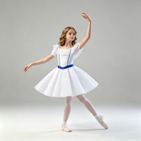 Costume de danse de ballet blanc pour filles, manches bouffantes, garniture en dentelle, corsage décoré de strass avec ceinture bleue, jupe longue en mousseline pour spectacle