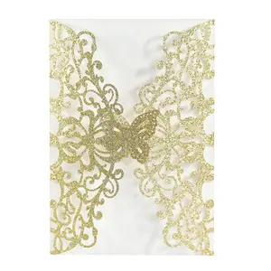Customized Colors Glitter Invitation Cards Laser Cut Wedding Cards with Butterfly