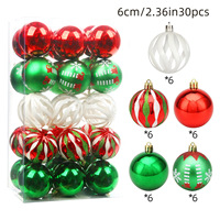 Ensemble de 30 boules de Noël rouges, vertes, blanches, à motifs flocons de neige et rayures, décorations pour sapin de Noël, 6 cm, en plastique