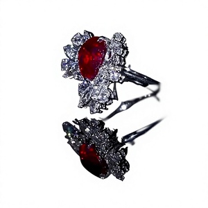 Luxury Women's 925 Silver Cocktail Ring With Pear Cut Ruby Flower Pave Setting Fine Jewelry - Product Image 1