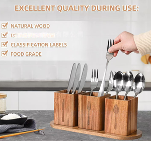 Organisateur de comptoir de cuisine en bois d'acacia, porte-<span class=keywords><strong>couverts</strong></span> à 3 compartiments avec plateau, ensemble de rangement pour ustensiles en bois - Product Image 5