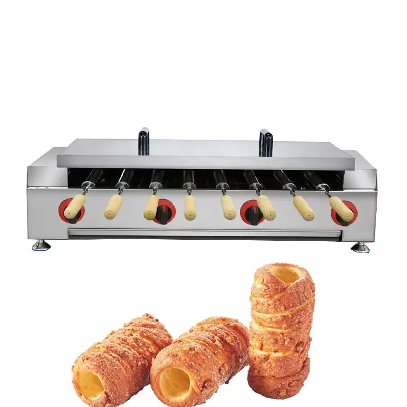 Mesin kue Kurtos Kalacs komersial 8 buah, peralatan membuat kue roti Stainless Steel Trdelnik