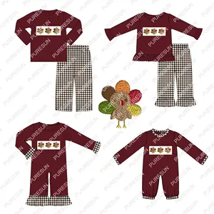 Puresun smocking children boutique clothing french knot thanksgiving turkey baby clothes fall girl clothing sets