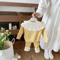 Nouvel ensemble tricoté 2 pièces pour bébés filles automne-hiver, en fibre de viscose adoucie, avec haut à col Peter Pan et bas décoré d'un nœud