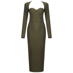 Elegante <span class=keywords><strong>Abito</strong></span> <span class=keywords><strong>Midi</strong></span> <span class=keywords><strong>Verde</strong></span> Oliva con Maniche Lunghe e Bustier Traforato, Vestito Aderente da Donna per Feste Formali e Serate - Product Image 2