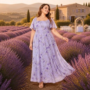 Vestido Maxi de Talla Grande con Estampado Floral, Cuello Cuadrado y Mangas con Volantes, Estilo Provenzal, 120GSM, Viscosa Voile, OEM 1X-5X - Product Image 4