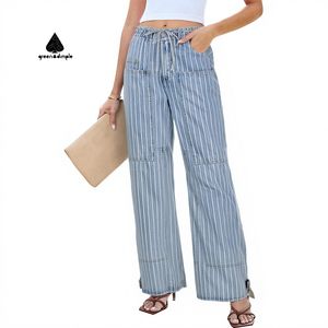 Jeans a Gamba Larga a Righe Azzurre <span class=keywords><strong>2026</strong></span>, Jeans Boyfriend con Coulisse in Vita, Pantaloni Casual in Denim Oversize da Donna - Product Image 1