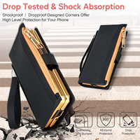 Casing Dompet VIETAO PU Leather & PC Anti Benturan untuk Z Fold7/6/5 dengan Tali Pergelangan Tangan Elektroplating, Slot Pena Lipat & Penyangga