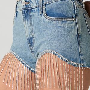 Ropa al por Mayor, Shorts de Mezclilla Azules de Cintura Alta con Cuentas y Borlas, Moda de Verano para Mujer - Product Image 2