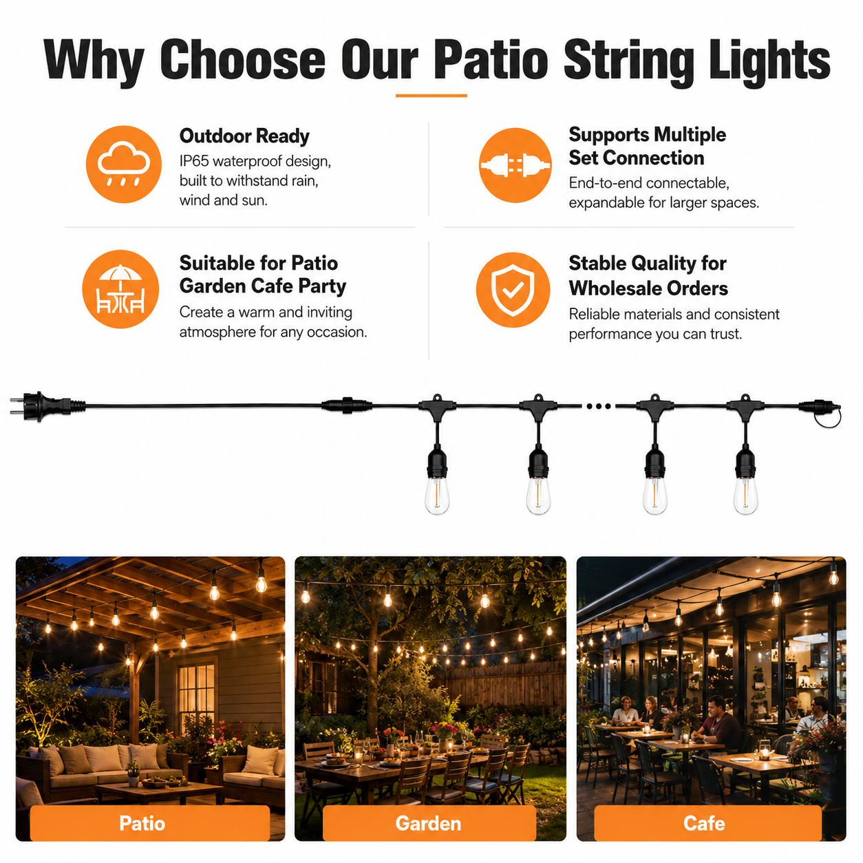 Heavy Duty IP65 Waterproof Outdoor Patio String Lights Connectable Commercial Garden Festoon Lighting OEM · image 5