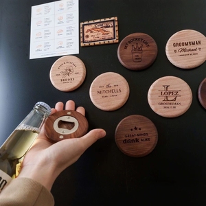 Modern Wedding Party Mini Round <strong>Wooden</strong> Beer <strong>Opener</strong> With Stainless Steel Magnetic Magnet Wood <strong>Bottle</strong> <strong>Opener</strong> for Guests - Product Image 5