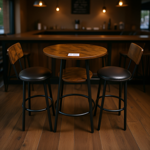 Rustic <b>Round</b> Bar Table Set with Backrest <b>Stools</b> 23.62 In W X 35.43 In H Bar Furniture Home Bar - Product Image 2