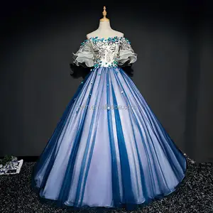 고품질 A 라인 3D 꽃 자수 블루 정장 이브닝 파티 가운 얇은 명주 그물 짧은 소매 Quinceanera 볼 드레스 사용자 정의