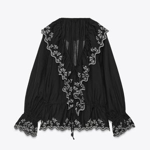 <span class=keywords><strong>Blusa</strong></span> nera da donna personalizzata di alta qualità <span class=keywords><strong>con</strong></span> ricami floreali bianchi maniche lunghe svasate Casual - Product Image 6