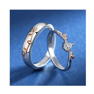 A Deer Has Your Couple Ring Sentie Small Fresh Diamond-Encrusted Antler Open Pair Ring Valentine's Day Gift Ring