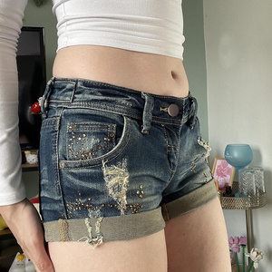 Women’s Low Rise Distressed Denim Shorts Hotfix Rhinestone <b>Booty</b> Shorts Rolled Hem Skinny Jeans Shorts - Product Image 2