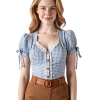 Chemisier pour femme à manches courtes bouffantes, motif carreaux bleus et blancs, avec bordure en dentelle et poignets à nouer, chemise intérieure pour Dirndl bavarois d'Oktoberfest