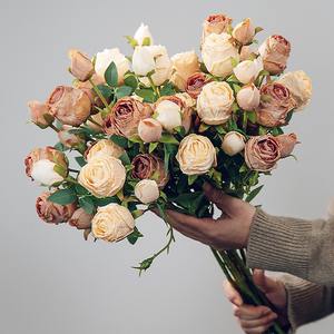 Bouquet da sposa essiccato a fiori artificiali di seta Vintage con bordo bruciato a 5 teste di fascia alta per decorazioni per la casa con bordo bruciato unico - Product Image 2