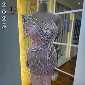 فستان سهرة فاخر LM A795 بتصميم حورية البحر مزين بالكريستال الوردي مع شراشيب، فستان رسمي بكتف واحد لحفلات الزفاف - Product Image 1