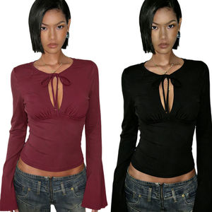 Camiseta de manga acampanada para mujer, de color liso, sencilla, informal, a la moda, para el día a día, con lazo frontal y aberturas fruncidas - Product Image 1