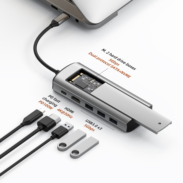 SSD Hub 6 in 1 Usb c Hub Type-C to PD++USB3.0*3+SSD Hard Drive Box Dual Agreement