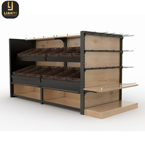 Custom Metallic Heavy Duty Double-Sided Gondola <b>Shelving</b> Supermarket Display Rack with Wooden Shelves - Product Image 3