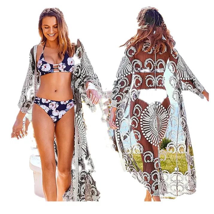 2020 गर्मियों में समुद्र तट स्नान सूट बिकनी कवर अप Beachwear महिलाओं के लिए लंबी आस्तीन Sashes के कवर-अप फीता कढ़ाई पतली कोट