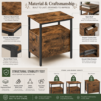 Table de chevet industrielle rustique en bois grainé avec 2 tiroirs, étagère ouverte et structure en métal noir
