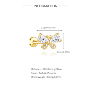 Pendiente de botón de mariposa de circonita chapado en oro de 18 quilates y plata 925 de 12x8mm con parte trasera plana para perforaciones de cartílago, hélice y tragus 16 - Product Image 6