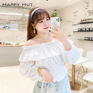Happy Hut Top de manga abullonada con hombros descubiertos para mujer, algodón blanco, transpirable, talla grande N7634 - Product Image 5