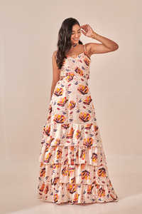 Robe longue à volants à imprimé floral ivoire, robes décontractées pour femmes, avec tissu léger, silhouette fluide, coupe confortable - Product Image 3