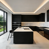 Ensemble de meubles de cuisine modulaires de luxe moderne avec armoires, table à manger, charnières écologiques, évier, robinet et panier de tiroir