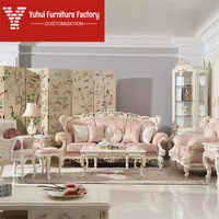 Ensemble de canapés roses français pour salon, en bois massif avec motifs floraux sculptés, canapé luxueux, personnalisable