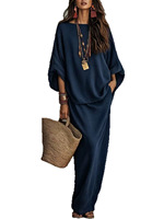 Ensemble élégant deux pièces pour femme 6653 – Haut T-shirt couleur unie et robe longue en polyester tissé, manches trois-quarts, décontracté, automne