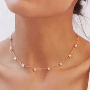 dainty real freshwater pearl jewelry 925 Sterling silver rose gold multi layered natural pearl necklace for women