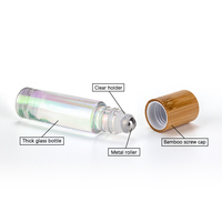 Bijou holographique en verre à bille, contenant à bille en acier inoxydable, pour huile essentielle, avec capuchon en bambou, de 5ml ou 10 ml, personnalisé, nouveau design, pièces