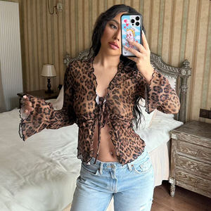 Chemise à manches longues en maille légère à imprimé léopard, col en V transparent avec bordure à volants, nouée devant, nouvelle collection automne - Product Image 5