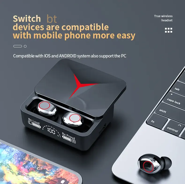 M90 TWS 이어폰 진정한 무선 헤드셋 소음 제거 이어폰 LED 디스플레이 TWS 게임용 헤드폰 (마이크 포함)