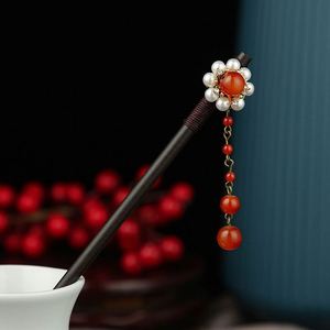 Horquilla de madera con perlas para mujer, estilo chino, con borlas de flores, accesorios elegantes para el cabello - Product Image 5