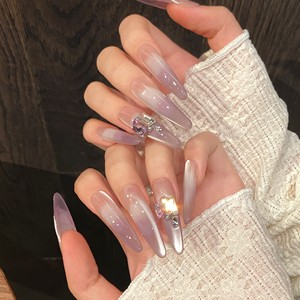 Uñas Postizas Hechas a Mano, Degradado Morado Taro de Primavera/Verano, con Flecos Plateados, Joyería de Lujo, Uñas Reutilizables, Venta al Por Mayor - Product Image 4