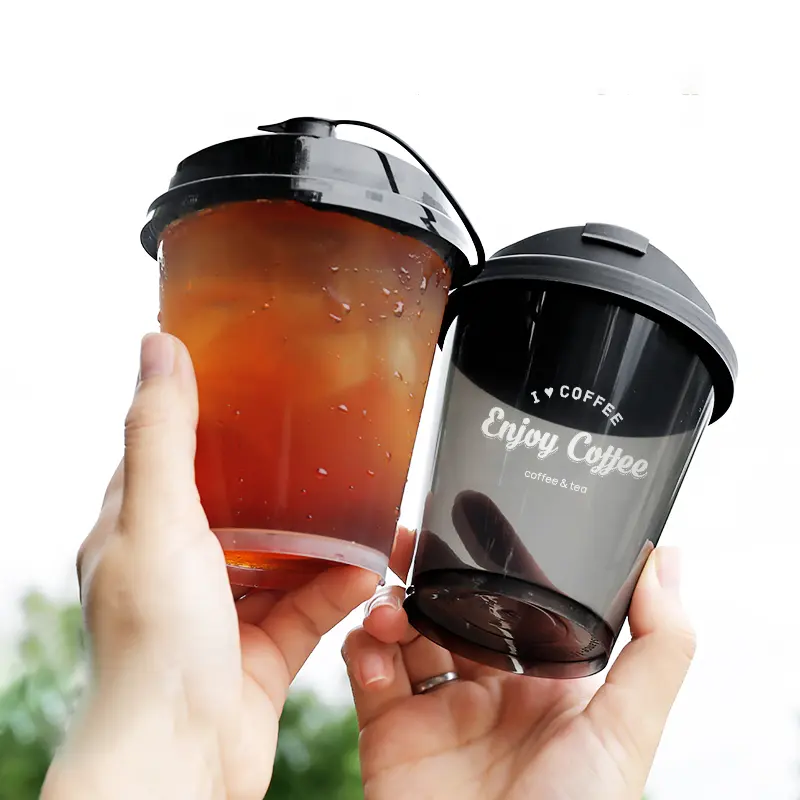 도매 일회용 플라스틱 커피 차 주스 컵 거품 일회용 12 온스 360ml PP 검은 돔 뚜껑이있는 단단한 플라스틱 커피 컵